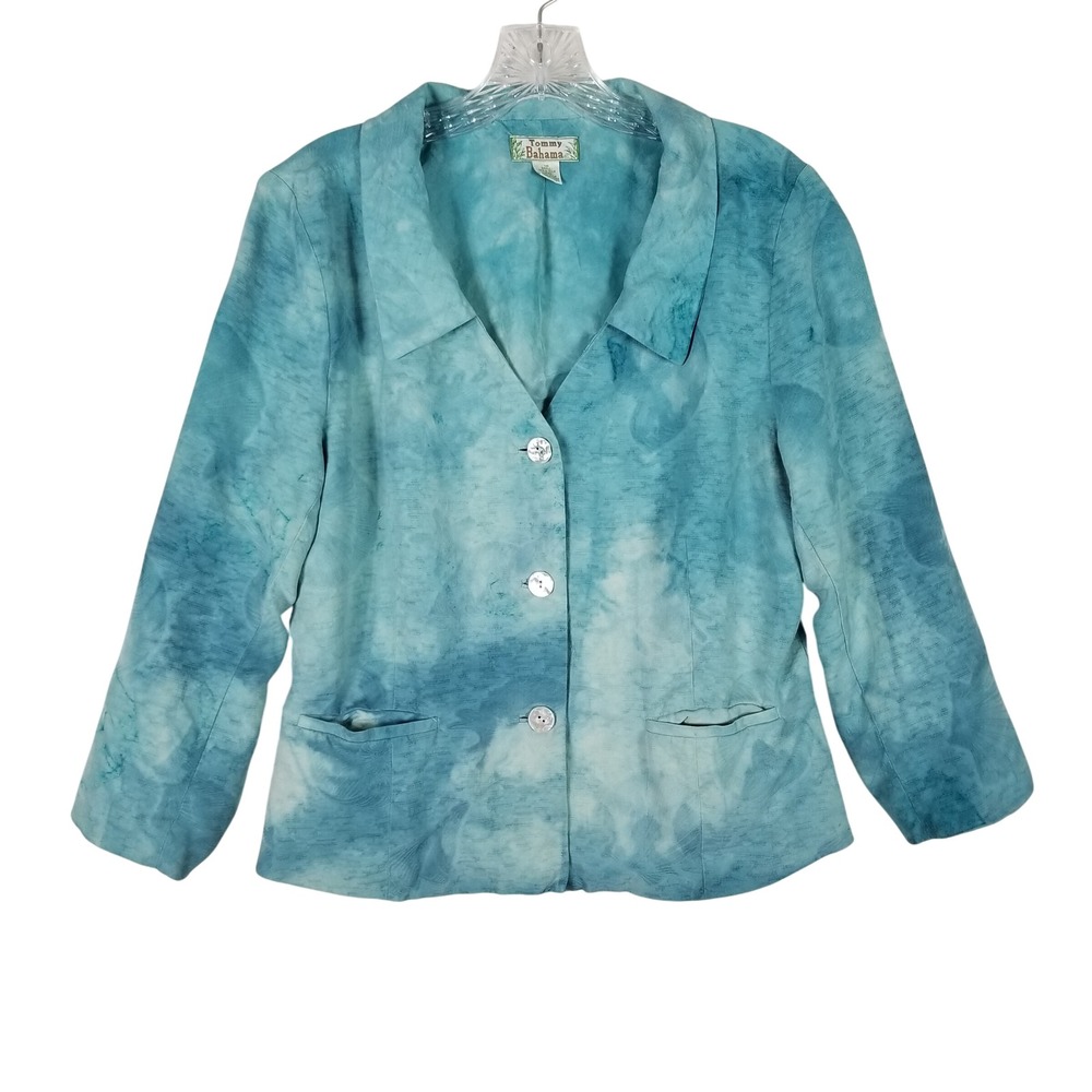 Tommy Bahama Silk Blazer Women 10 Turquoise Tie Dye Textured Button Front Jacket